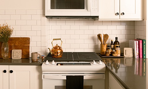 kitchen with white cabinets and white appliances